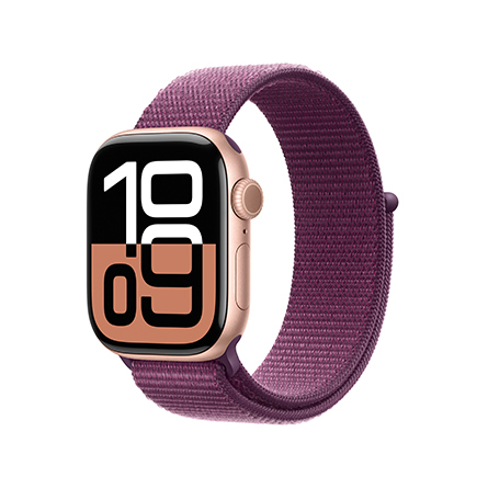 Apple Watch Series 10 in alluminio color oro rosa con cinturino Sport Loop prugna