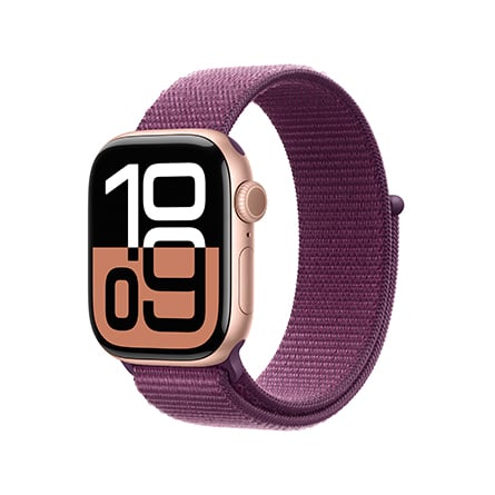 Apple Watch Series 10 in alluminio color oro rosa con cinturino Sport Loop prugna