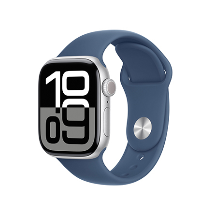 Apple Watch Series 10 in alluminio color argento con cinturino Sport denim