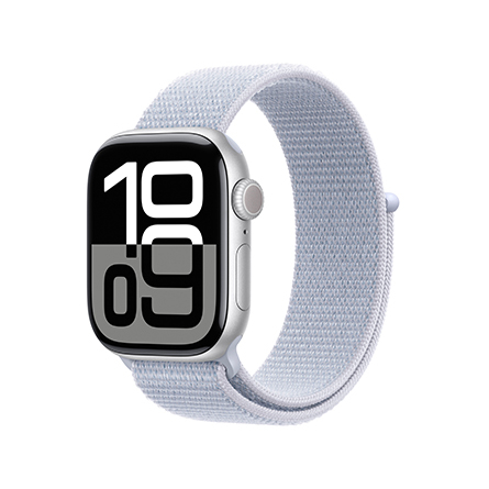 Apple Watch Series 10 in alluminio color argento con cinturino Sport Loop nuvola azzurra