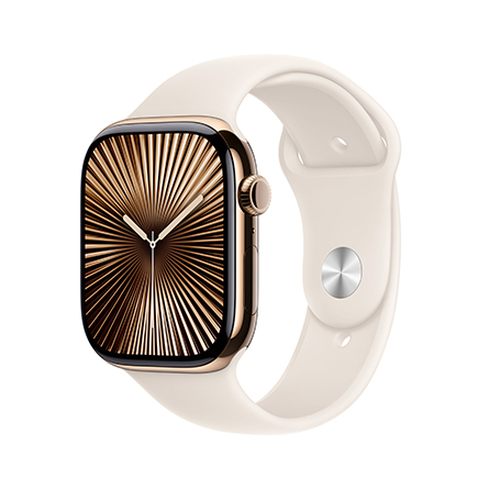 Apple Watch Series 10 in titanio color oro con cinturino Sport galassia