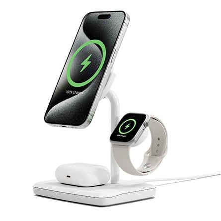 Base di ricarica wireless 3-in-1 Cygnett ChargeBase Qi2.0 per iPhone, AirPods e Apple Watch - Bianco