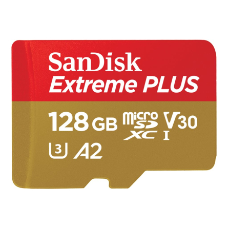 SanDisk Extreme PLUS - Scheda di memoria flash (adattatore da microSDXC a SD in dotazione) - 128 GB - A2 / Video Class V30 / UHS-I U3 / Class10 - UHS-I microSDXC