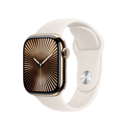 Apple Watch Series 10 GPS + Cellular 42mm in titanio color oro con cinturino Sport galassia - S/M