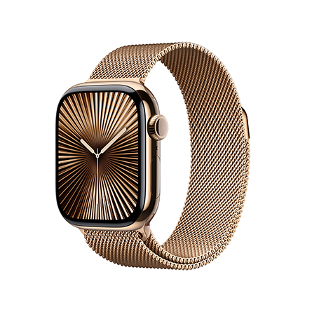 Apple Watch Series 10 GPS + Cellular 42mm in titanio color oro con cinturino Loop in maglia milanese oro