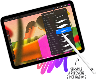 Una Apple Pencil che seleziona uno stile dalla libreria dei pennelli su iPad. Subito sotto c'è la scritta “Sensibile a pressione e inclinazione”, con una freccia che punta verso l'Apple Pencil.