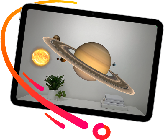 Un iPad che mostra il sistema solare in realtà aumentata visualizzato all'interno di una stanza.