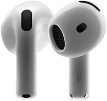 Un paio di AirPods 4, con un auricolare visto di fronte e uno visto da dietro per mostrare il nuovo design