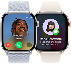 Due Apple Watch Series 10 affiancati; quello a sinistra mostra un chiamata in arrivo, quello a destra un messaggio