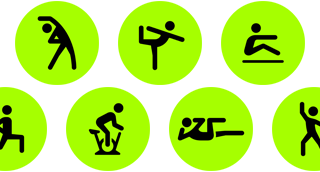 Attività dell’app Allenamento rappresentate da icone, tra cui Sedia a rotelle, Yoga, Vogatore, Rafforzamento muscolare funzionale, Pallacanestro, Bici indoor e Core Training.