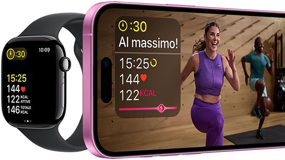 Parametri di un allenamento su un Apple Watch Series 10 e un iPhone