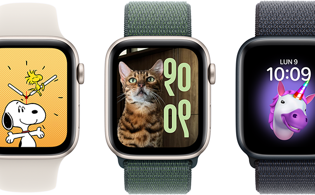 Sei Apple Watch con diversi tipi di quadranti, tra cui Memoji, Foto, Ritratto e Snoopy