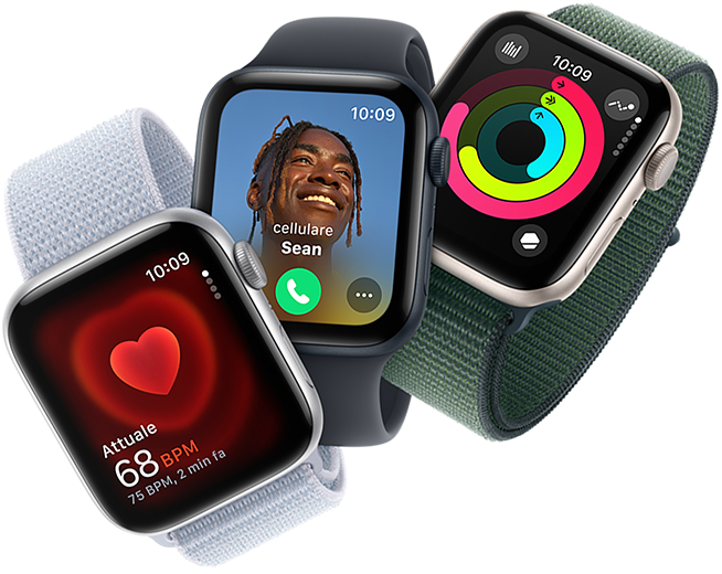 Tre Apple Watch che mostrano rispettivamente il monitoraggio della frequenza cardiaca, una chiamata in arrivo e gli anelli Attività