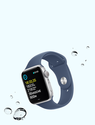 Una schermata dell’allenamento Nuoto su Apple Watch SE accanto ad alcune gocce d’acqua.