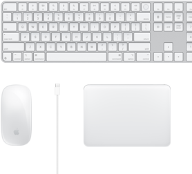 Un Magic Mouse, un cavo USB-C, un Magic Trackpad e una Magic Keyboard con tastierino numerico mostrati dall’alto